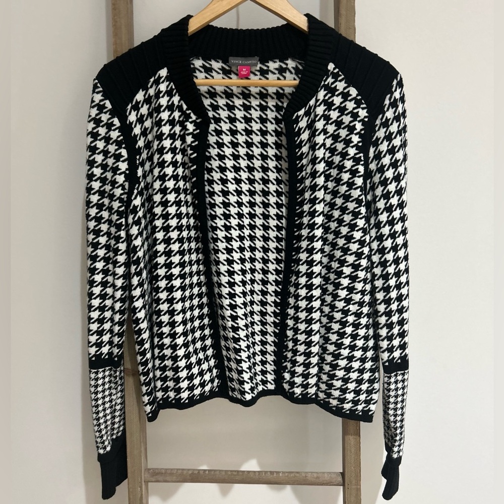 Vince Camuto Cotton Houndstooth Knit Sweater Jacket Cardigan Black White Size M